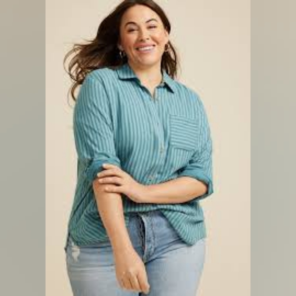Maurices Teal Striped Double Cloth Button Down Shirt NWT